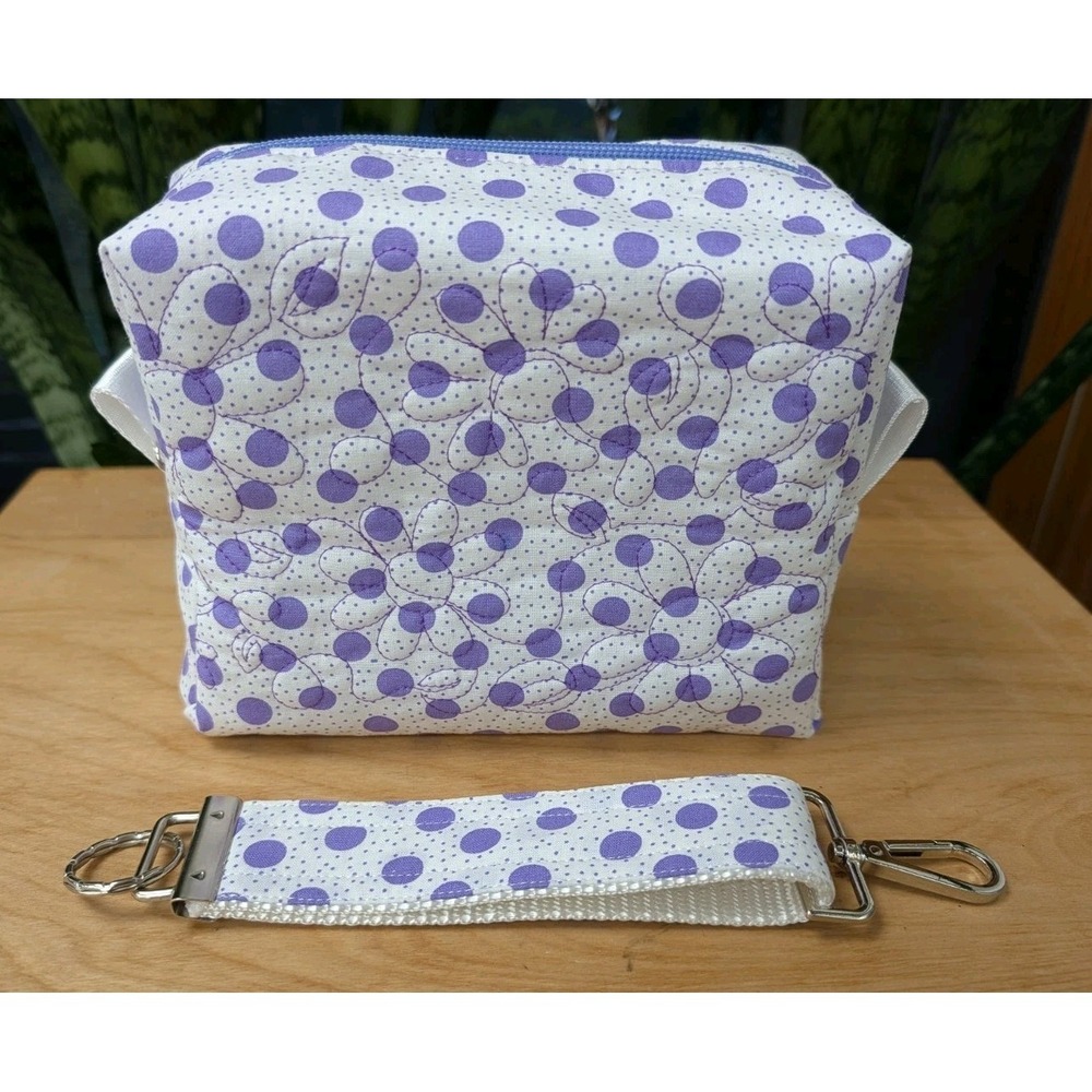 Embroidered MAKEUP Cosmetic Toiletry Purple Polka Dot Bag + Matching Key Fob SET